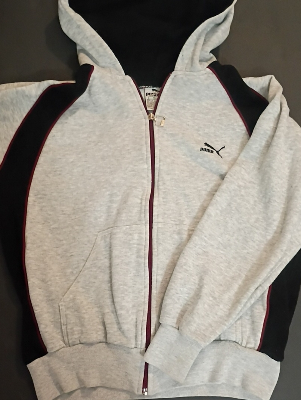Puma Mens Gray Zip Up Hoodie Jacket with Black Panels and Burgundy Trim